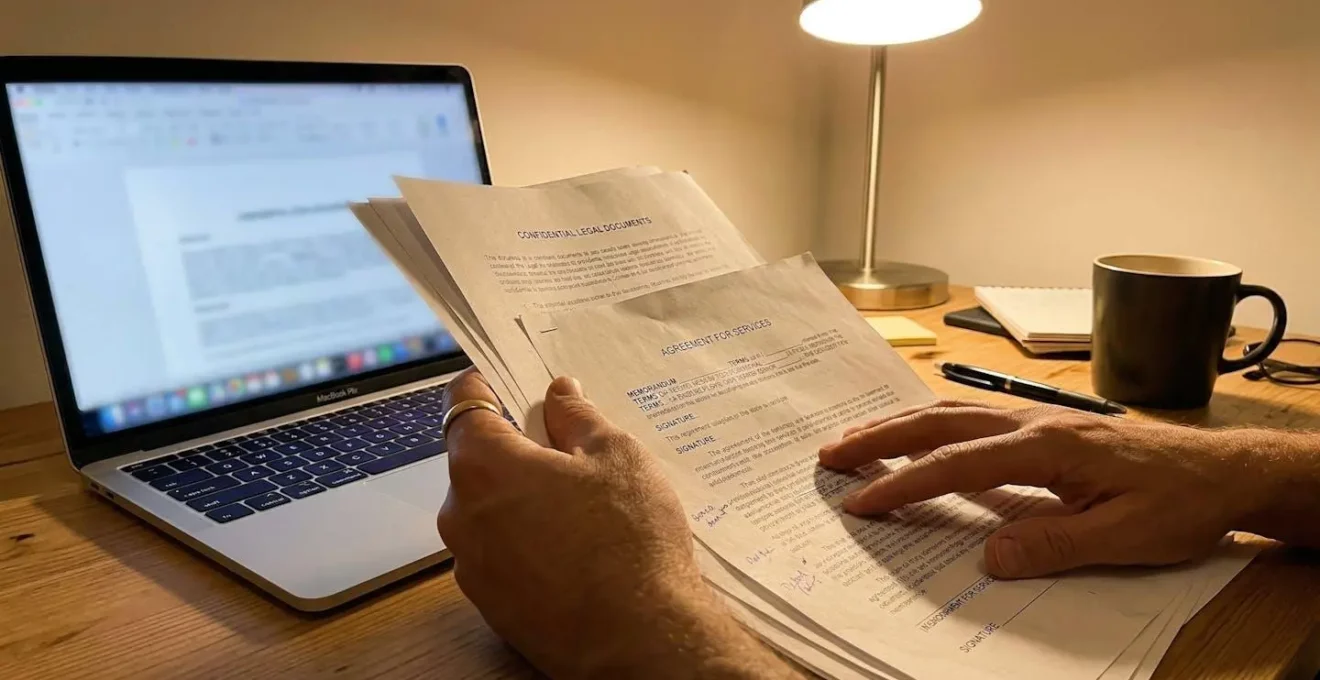 Mains d'une personne consultant des documents sur un bureau, avec un ordinateur portable dont l'écran est flouté en arrière-plan