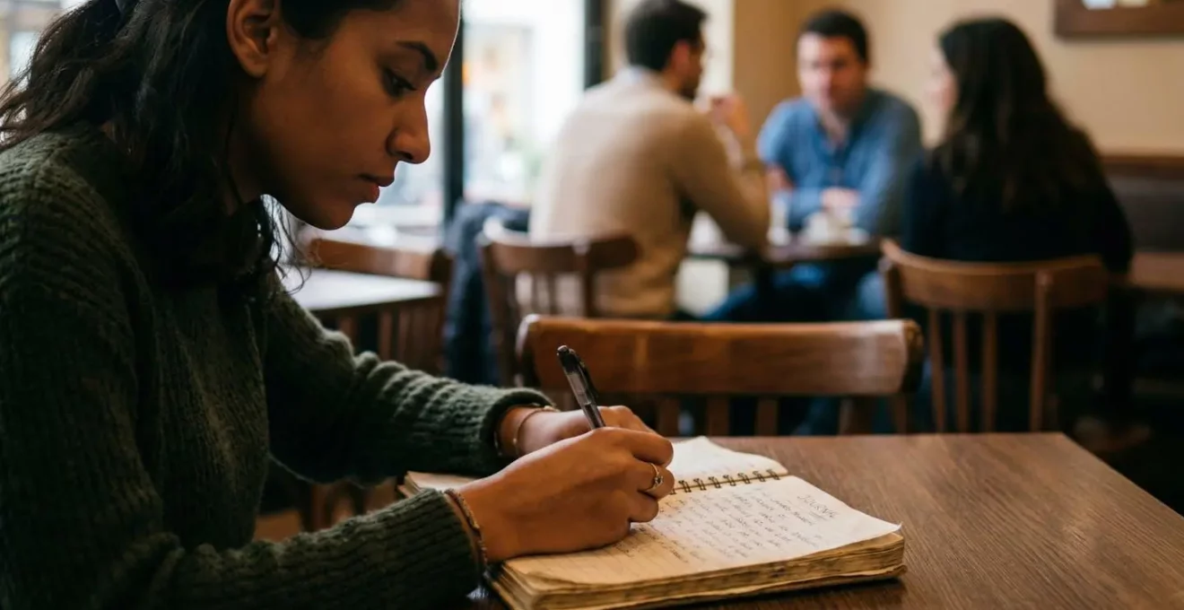 Personne vue de profil prenant des notes dans un carnet lors d'une réunion, avec d'autres personnes floues en arrière-plan