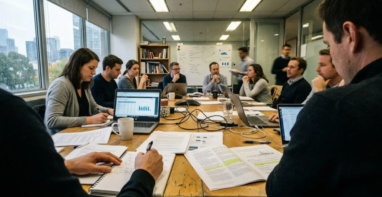 Plusieurs personnes assises autour d'une table de réunion avec des documents et ordinateurs portables, dans une salle de réunion d'entreprise éclairée par la lumière naturelle