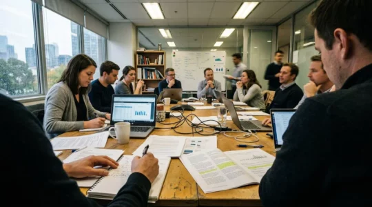 Plusieurs personnes assises autour d'une table de réunion avec des documents et ordinateurs portables, dans une salle de réunion d'entreprise éclairée par la lumière naturelle