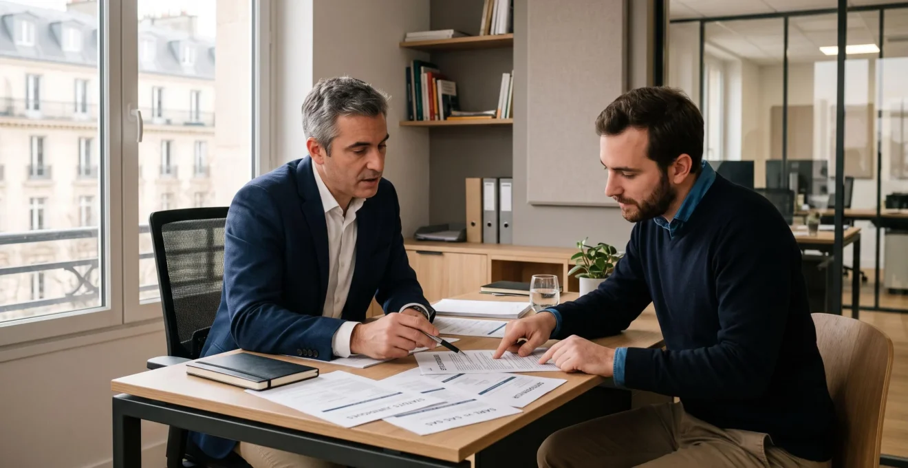 Un conseiller juridique accompagne un entrepreneur dans le choix de son statut juridique, consultant ensemble des documents comparatifs dans un bureau moderne.