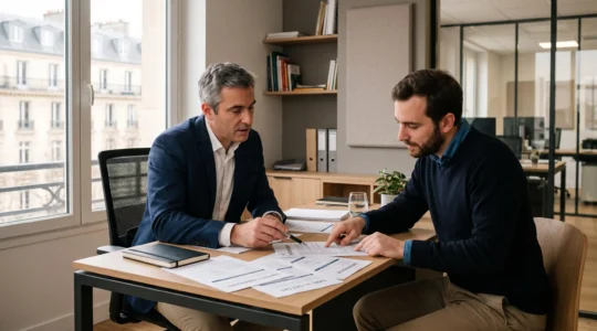Un conseiller juridique accompagne un entrepreneur dans le choix de son statut juridique, consultant ensemble des documents comparatifs dans un bureau moderne.