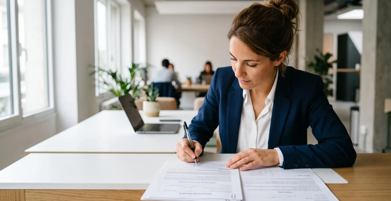 Un entrepreneur signe les documents officiels de création de son entreprise, concrétisant son choix de statut juridique.